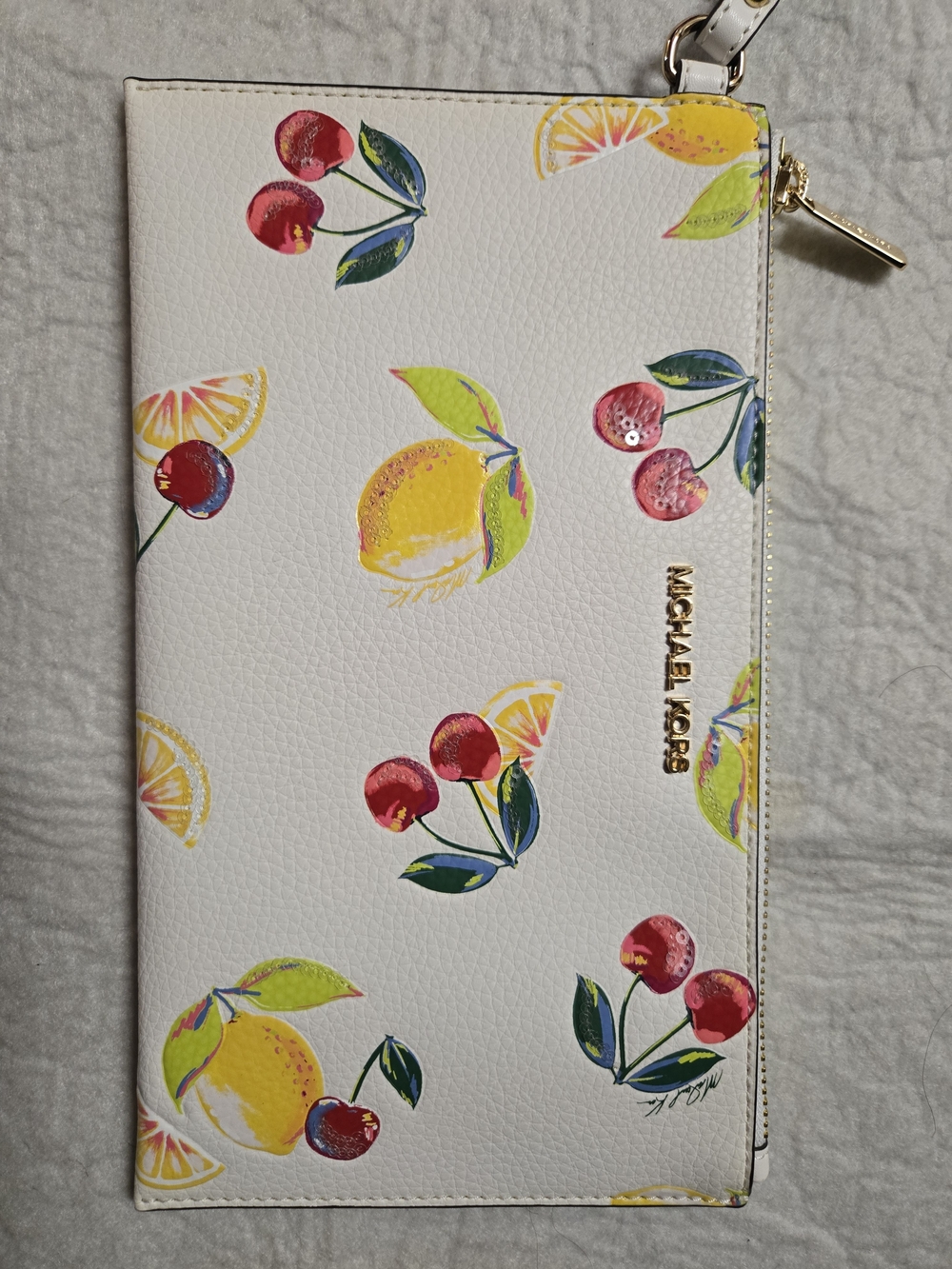 MICHAEL KORS White Wristlet with Lemon & Cherry Motif